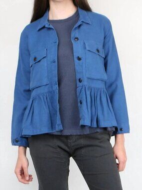 The Great. $395 Japanese Twill Flutter Army Jacket Ruffle Button Pocket Blue